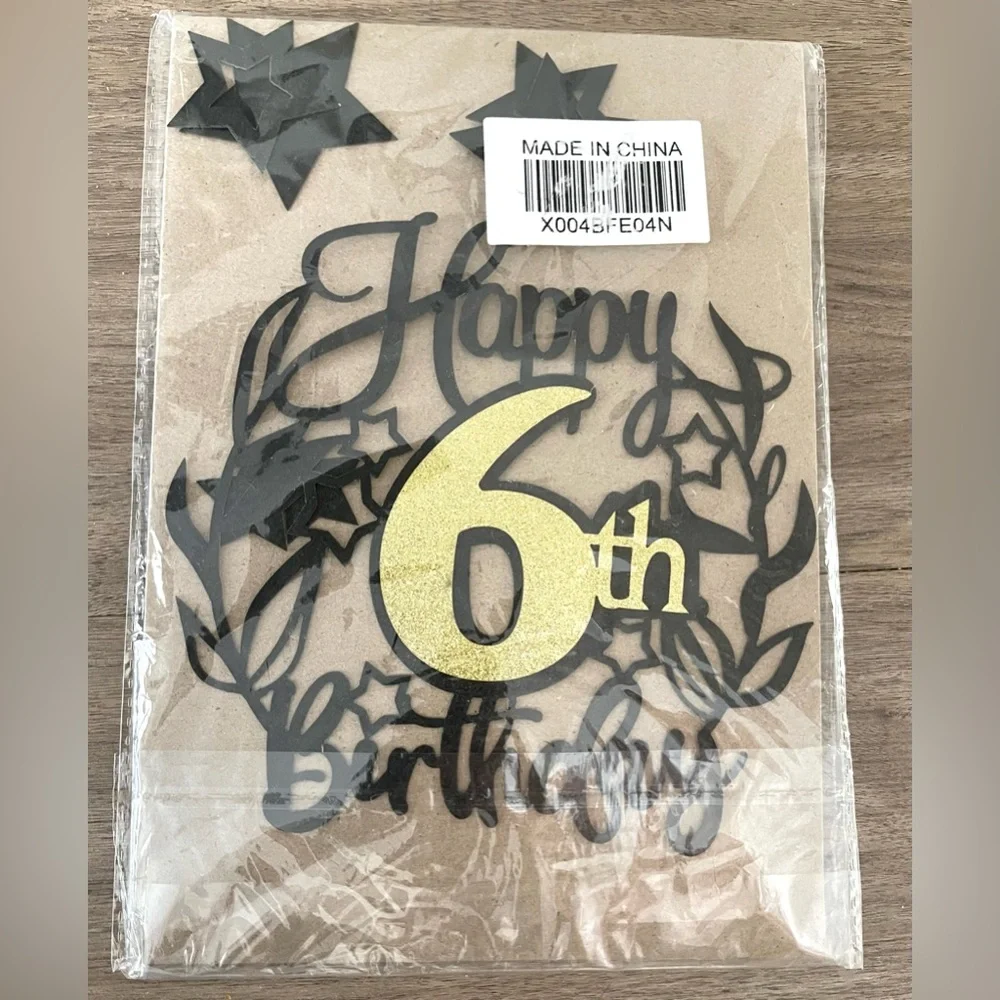 Black and Gold Happy 6th Birthday Cake Topper